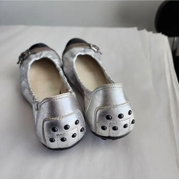Tod's Silver Scrunch Ballet Flats with Black Patent Leather Buckle Toe Size 7.5