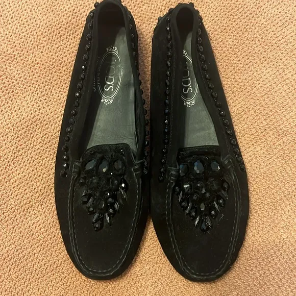 TOD’S ⚜️ Special Edition Black Swarovski Crystal &amp; Suede Driving Loafers