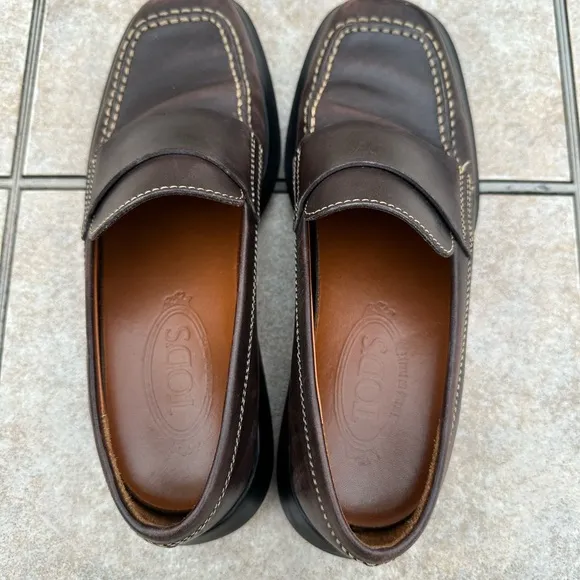 TOD'S Women's Brown Leather Driving Loafers Moc Square Toe Casual Shoes Size 8