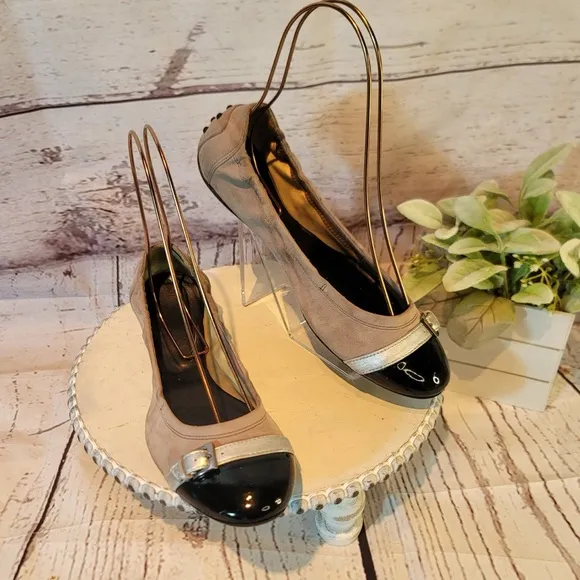 Tod’s Women’s Taupe, Black &amp; Silver Capped Toe Slip on Ballet Flats Size 8.5