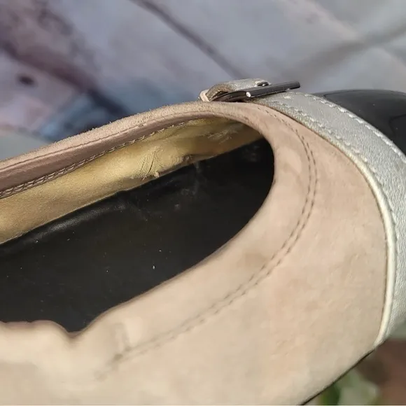 Tod’s Women’s Taupe, Black &amp; Silver Capped Toe Slip on Ballet Flats Size 8.5