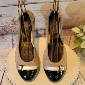 Tod’s Women’s Taupe, Black &amp; Silver Capped Toe Slip on Ballet Flats Size 8.5