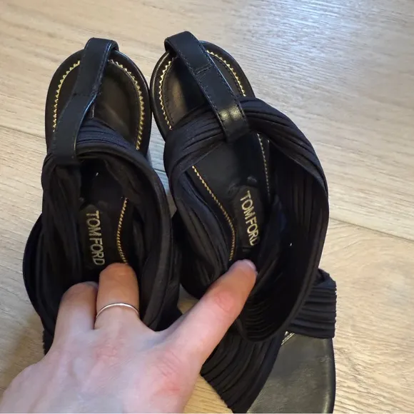 Tom Ford Black Fabric Crossover Slip On Sandals Size 37.5 7US 4.7” heels