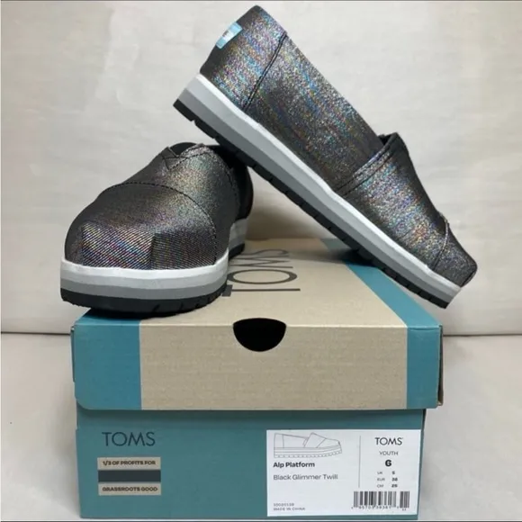 TOMS Youth's black glitter twill Alpargatas platforms rainbow and grey scale
