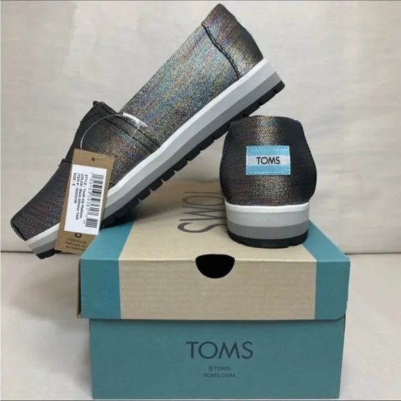 TOMS Youth's black glitter twill Alpargatas platforms rainbow and grey scale