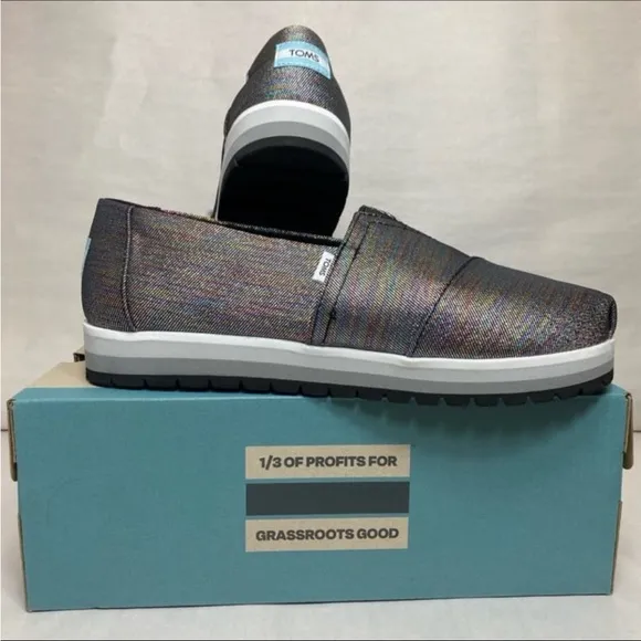 TOMS Youth's black glitter twill Alpargatas platforms rainbow and grey scale