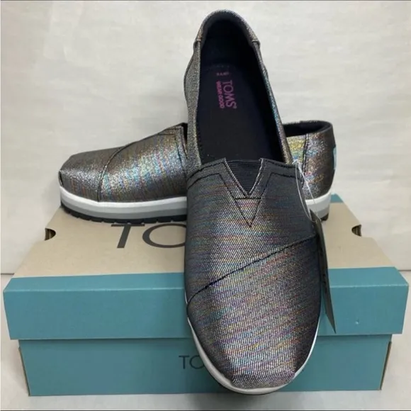 TOMS Youth's black glitter twill Alpargatas platforms rainbow and grey scale