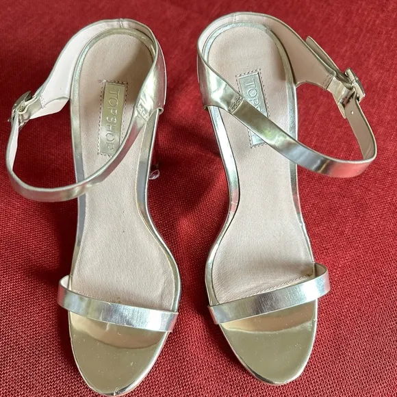 Topshop Gold High Heel Slip On Strappy Sandals, New, 7.5
