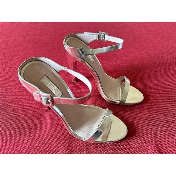 Topshop Gold High Heel Slip On Strappy Sandals, New, 7.5