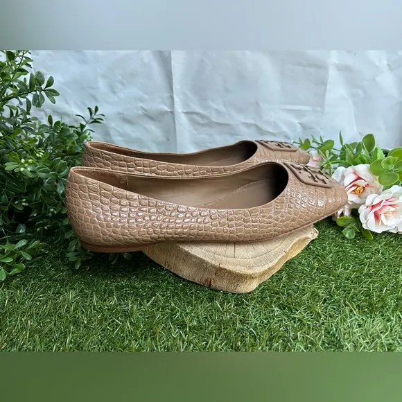 Tory Burch 11 Georgia Soft Croc Emboss Ballet Flats Almond Flour$268 NEW