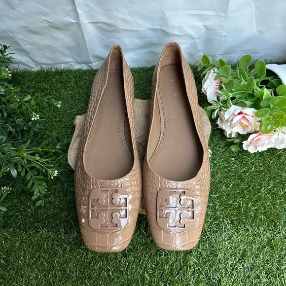 Tory Burch 11 Georgia Soft Croc Emboss Ballet Flats Almond Flour$268 NEW