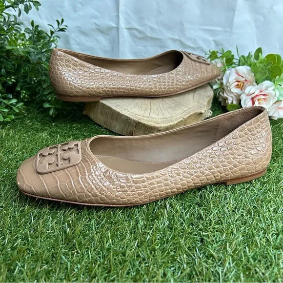 Tory Burch 11 Georgia Soft Croc Emboss Ballet Flats Almond Flour$268 NEW