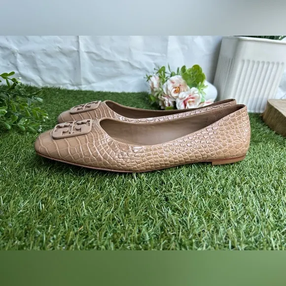 Tory Burch 11 Georgia Soft Croc Emboss Ballet Flats Almond Flour$268 NEW