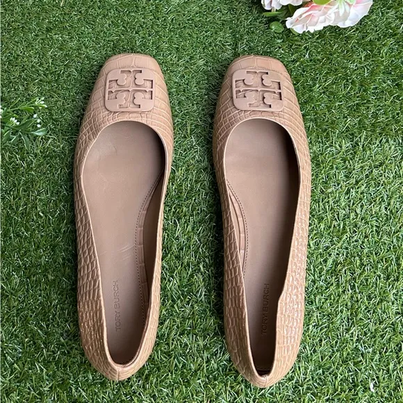 Tory Burch 11 Georgia Soft Croc Emboss Ballet Flats Almond Flour$268 NEW