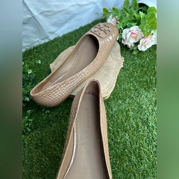 Tory Burch 11 Georgia Soft Croc Emboss Ballet Flats Almond Flour$268 NEW