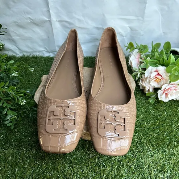 Tory Burch 11 Georgia Soft Croc Emboss Ballet Flats Almond Flour$268 NEW