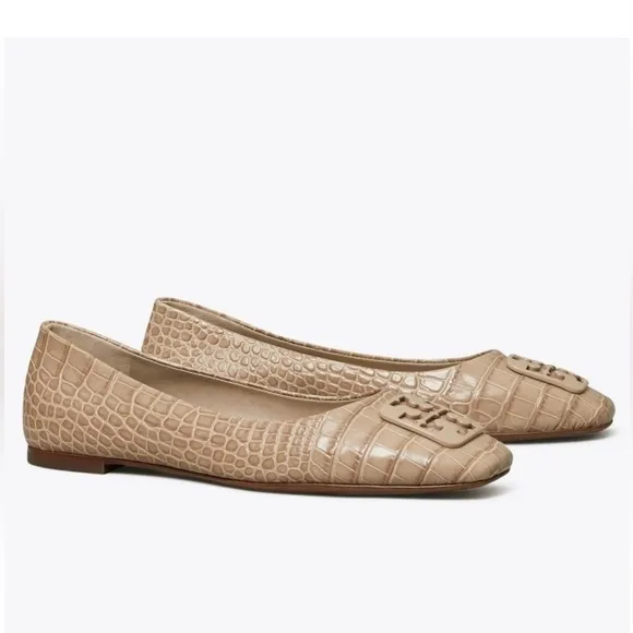 Tory Burch 11 Georgia Soft Croc Emboss Ballet Flats Almond Flour$268 NEW