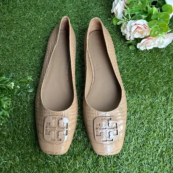 Tory Burch 11 Georgia Soft Croc Emboss Ballet Flats Almond Flour$268 NEW