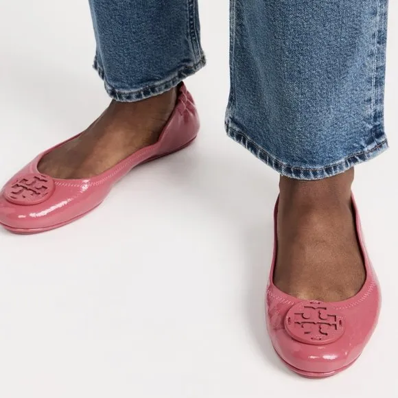 Tory Burch $228 Minnie Travel Ballet Flats Patent Washed Berry