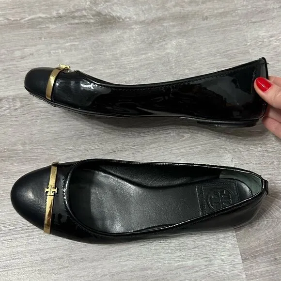 Tory Burch 6.5 Pacey Driver Ballet Calf / Patent Black Flats with Gold Emblem