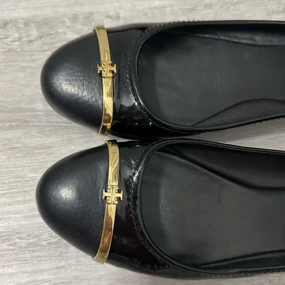 Tory Burch 6.5 Pacey Driver Ballet Calf / Patent Black Flats with Gold Emblem