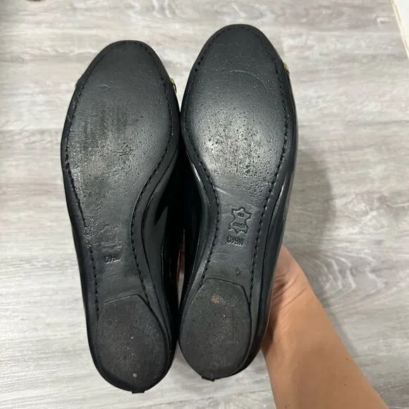Tory Burch 6.5 Pacey Driver Ballet Calf / Patent Black Flats with Gold Emblem