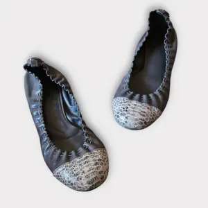 Tory Burch Abbey Gray Leather Snake Cap Toe Ballet Flats
