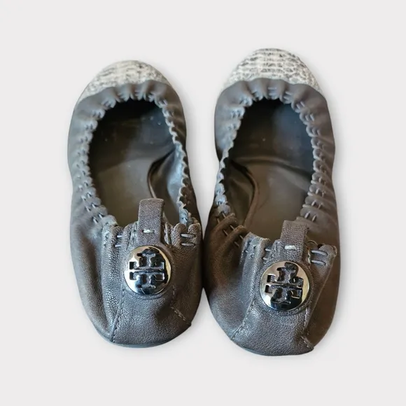 Tory Burch Abbey Gray Leather Snake Cap Toe Ballet Flats