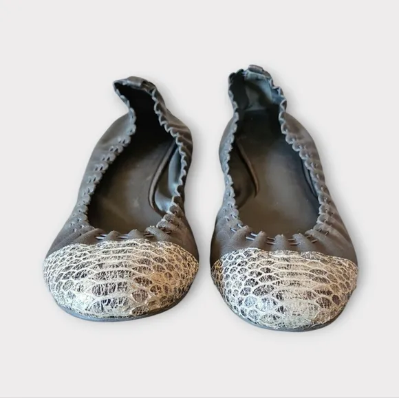 Tory Burch Abbey Gray Leather Snake Cap Toe Ballet Flats