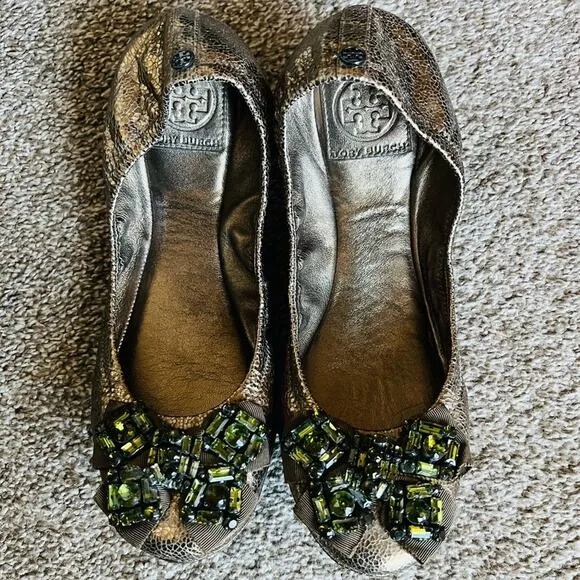 Tory Burch Azalea Jeweled Metallic Olive Ballet Flats