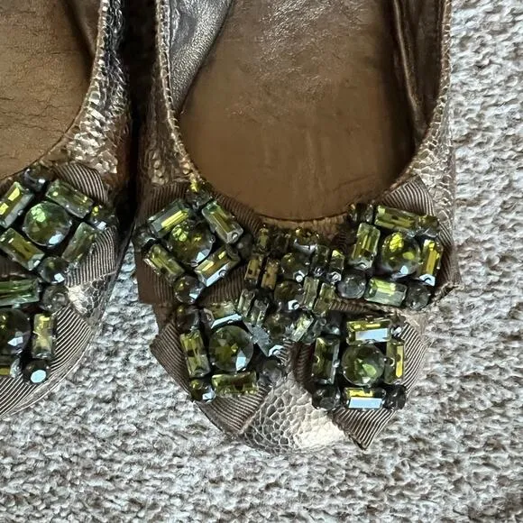 Tory Burch Azalea Jeweled Metallic Olive Ballet Flats