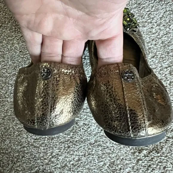Tory Burch Azalea Jeweled Metallic Olive Ballet Flats