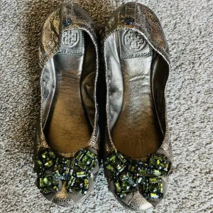 Tory Burch Azalea Jeweled Metallic Olive Ballet Flats