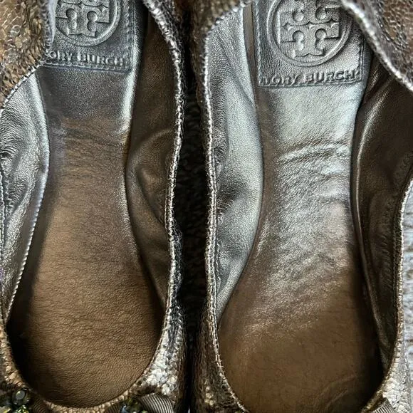 Tory Burch Azalea Jeweled Metallic Olive Ballet Flats
