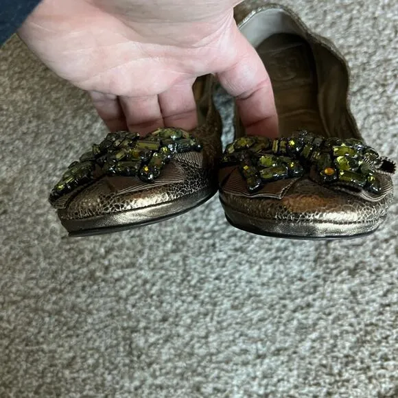 Tory Burch Azalea Jeweled Metallic Olive Ballet Flats