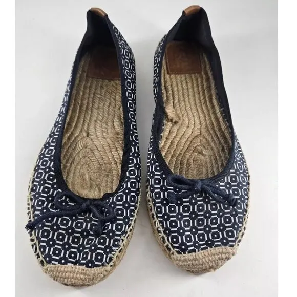 Tory Burch Ballet Canvas Print Espadrilles Flats Confort Navy / White Women's 8