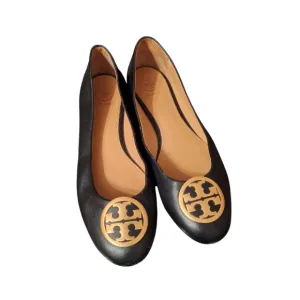 Tory Burch Ballet Flats Black Leather w/ Gold Toned Logo Ladies 7 1/2 OLD MONEY