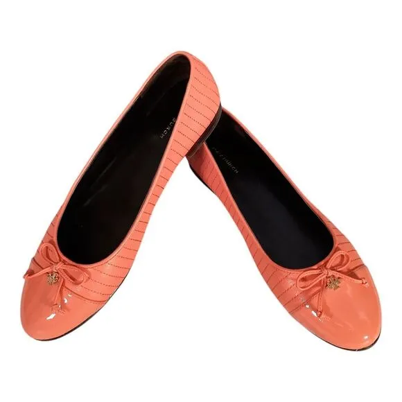 Tory Burch Ballet Flats Cap Toe Coral Crush Leather Gold Logo Bow Quilted 8.5 M