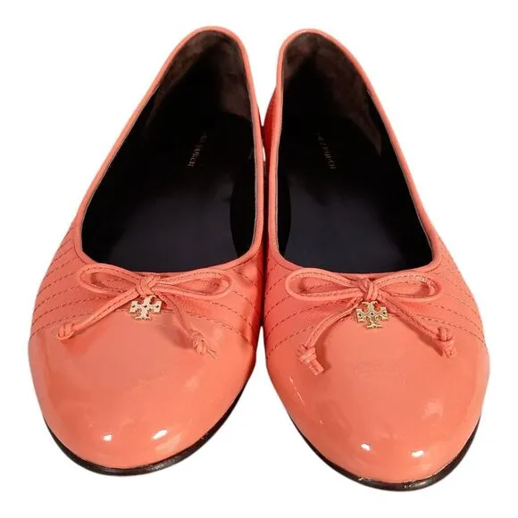 Tory Burch Ballet Flats Cap Toe Coral Crush Leather Gold Logo Bow Quilted 8.5 M