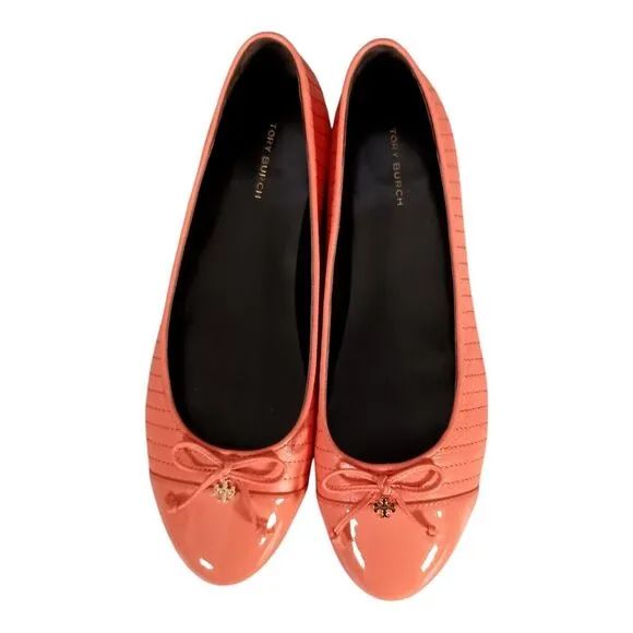 Tory Burch Ballet Flats Cap Toe Coral Crush Leather Gold Logo Bow Quilted 8.5 M