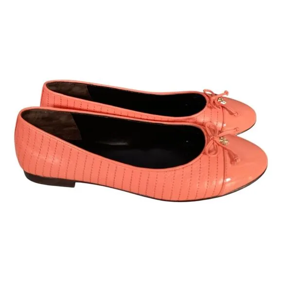 Tory Burch Ballet Flats Cap Toe Coral Crush Leather Gold Logo Bow Quilted 8.5 M