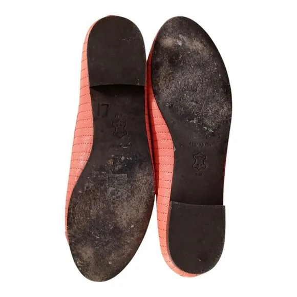 Tory Burch Ballet Flats Cap Toe Coral Crush Leather Gold Logo Bow Quilted 8.5 M