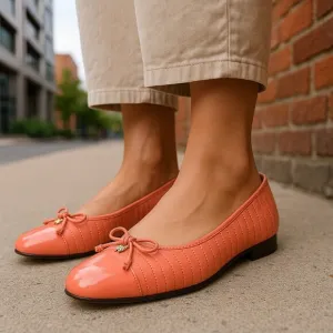 Tory Burch Ballet Flats Cap Toe Coral Crush Leather Gold Logo Bow Quilted 8.5 M