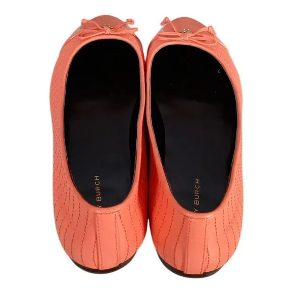 Tory Burch Ballet Flats Cap Toe Coral Crush Leather Gold Logo Bow Quilted 8.5 M