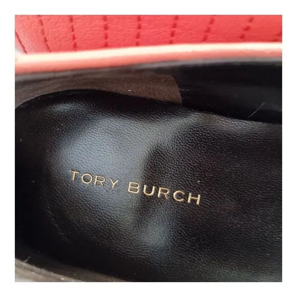 Tory Burch Ballet Flats Cap Toe Coral Crush Leather Gold Logo Bow Quilted 8.5 M
