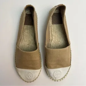 Tory Burch Beige/White Canvas Cap Toe Espadrille Flats, Size 7