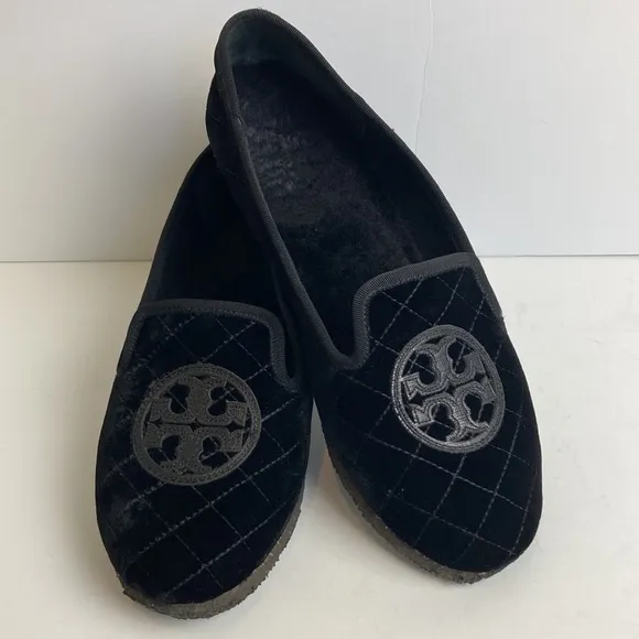 Tory Burch Billy Black Quilted Velvet Fur Loafers Crepe Sole Slippers Size 9
