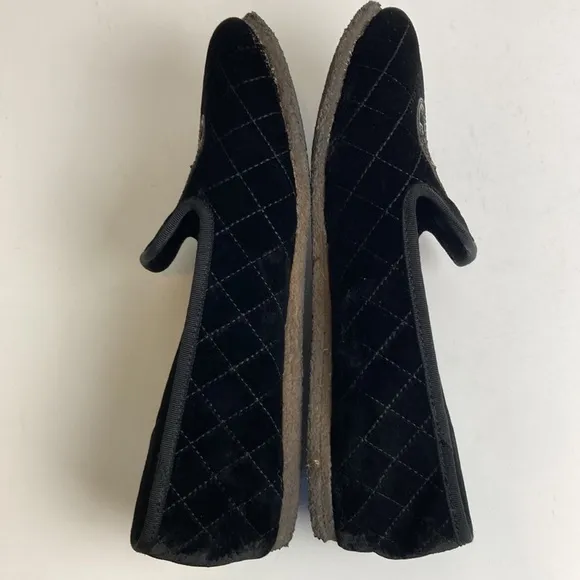 Tory Burch Billy Black Quilted Velvet Fur Loafers Crepe Sole Slippers Size 9