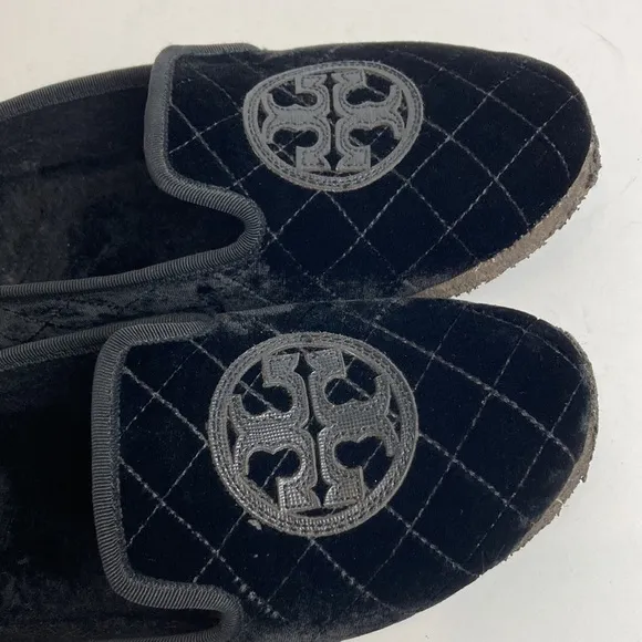 Tory Burch Billy Black Quilted Velvet Fur Loafers Crepe Sole Slippers Size 9