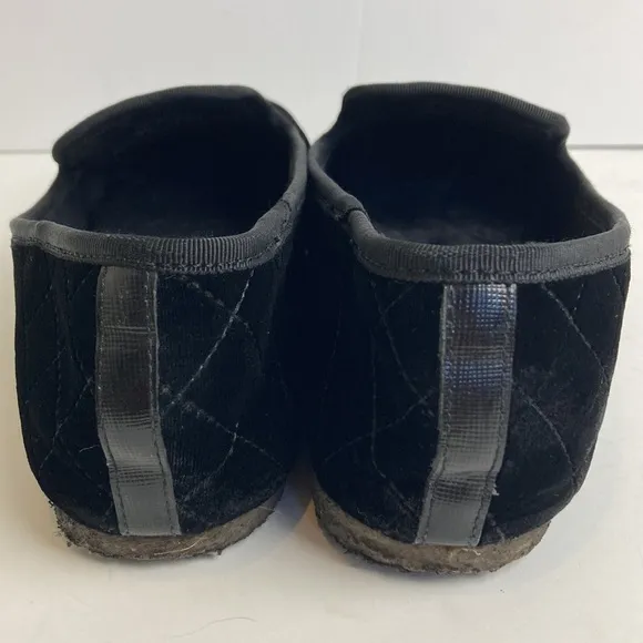 Tory Burch Billy Black Quilted Velvet Fur Loafers Crepe Sole Slippers Size 9